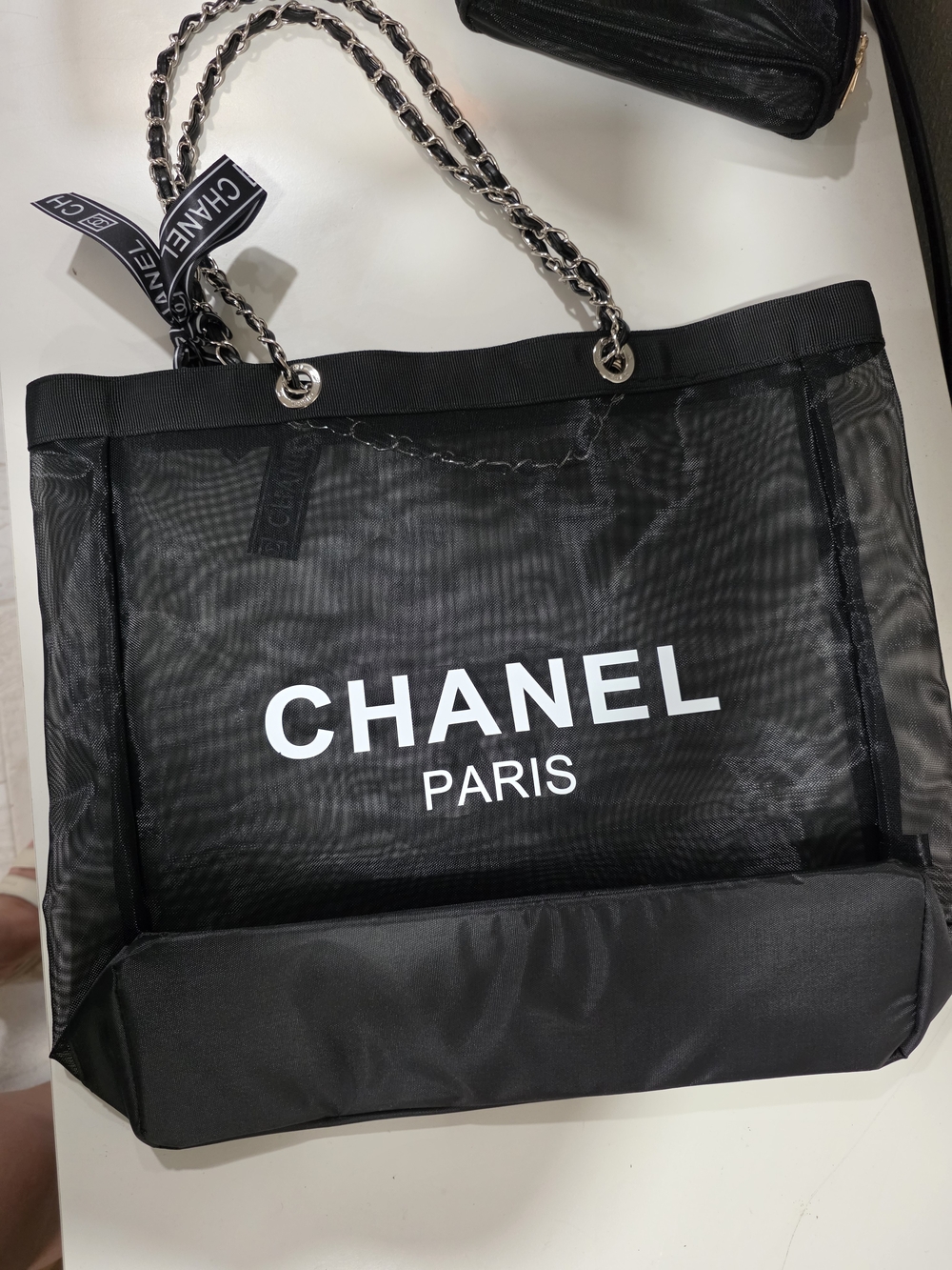 CHANEL Paris Black Mesh Tote Bag